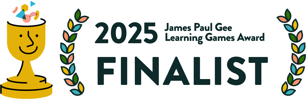colorful laurels on the left and right of text with "2025 FINALIST" in big letters and in smaller letters "James Paul Gee Learning Games Award"
